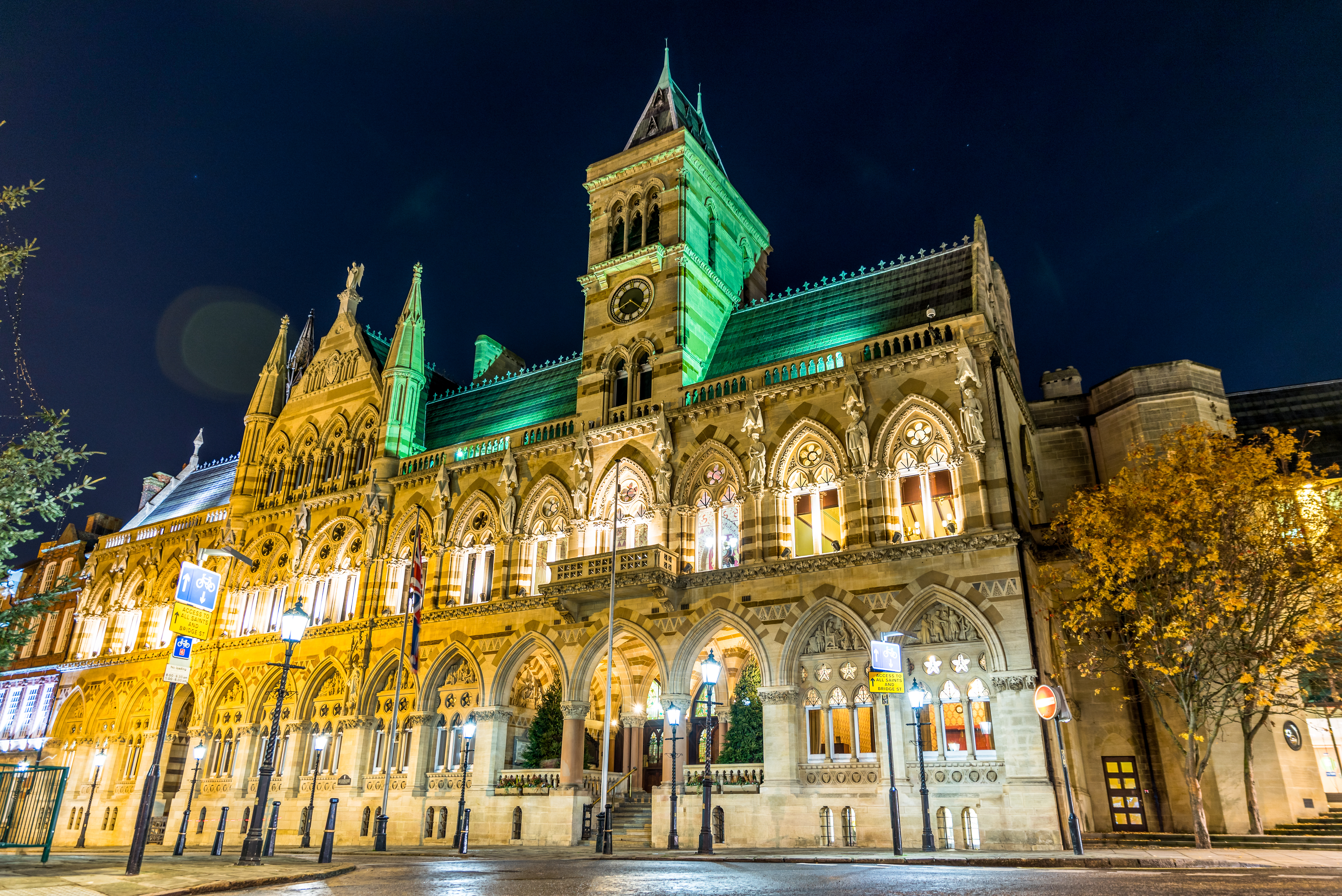 Gothic architecture of Northampton Guildhall building, England.